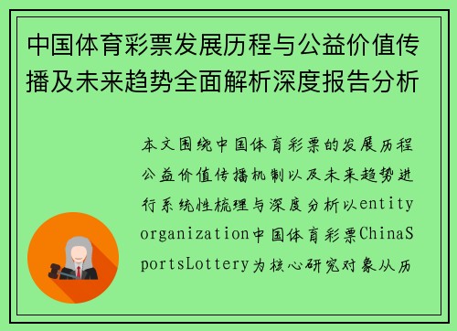 中国体育彩票发展历程与公益价值传播及未来趋势全面解析深度报告分析 中国体育彩票发展历程与公益价值传播及未来趋势全面解析深度报告分析